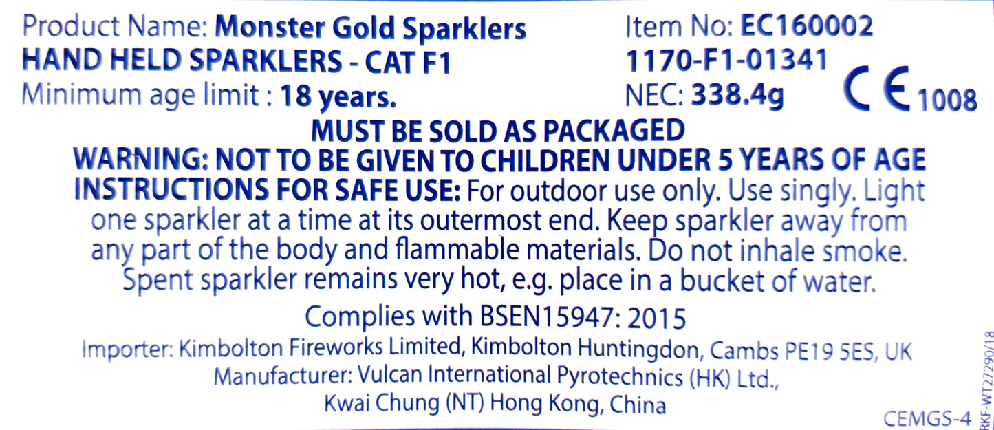 Monster Gold Sparklers by Kimbolton Fireworks Instructions