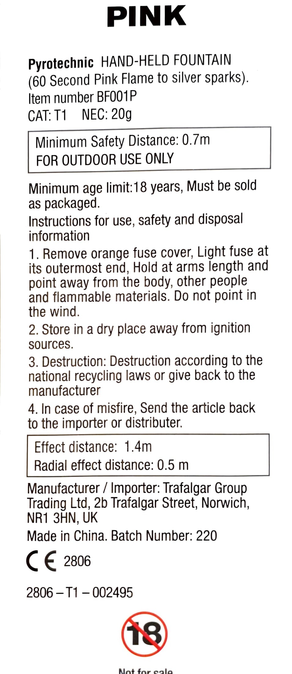 Pink Hand Held Fountain Flare by Trafalgar Group