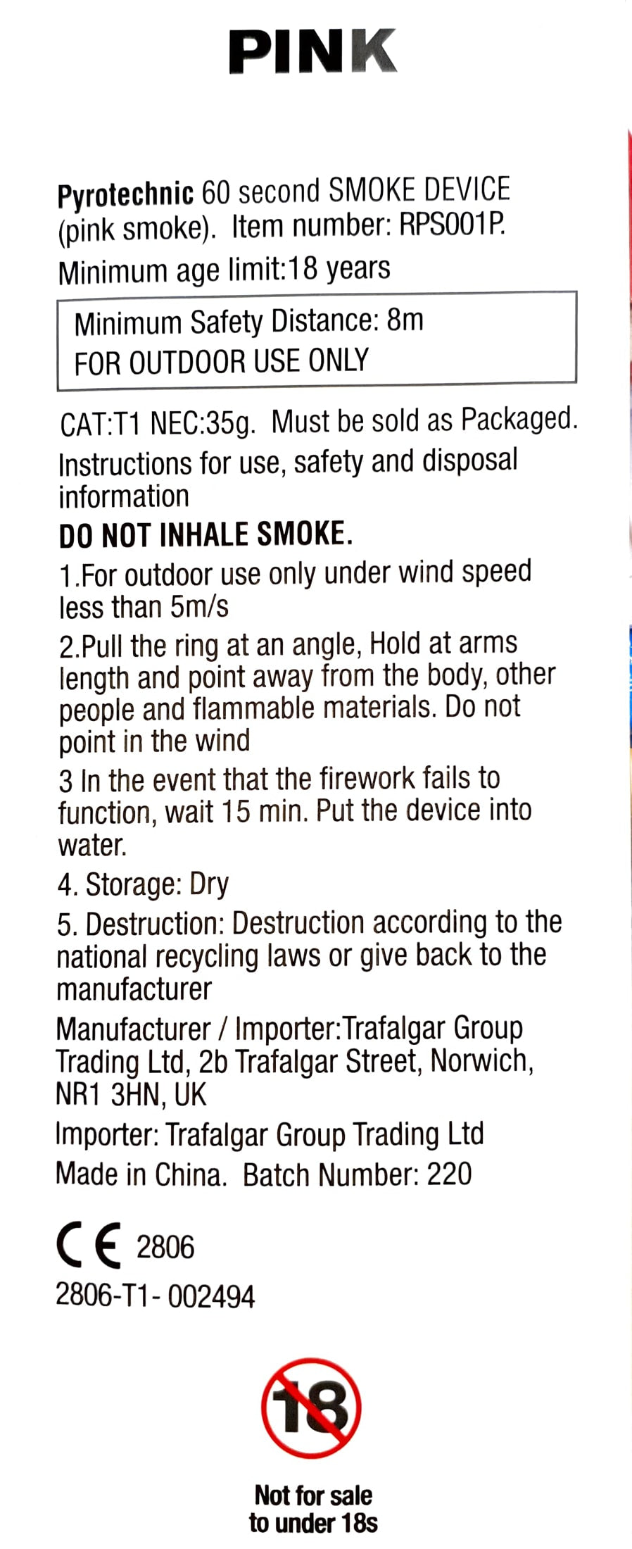 Pink Hand Held Smoke by Trafalgar Group