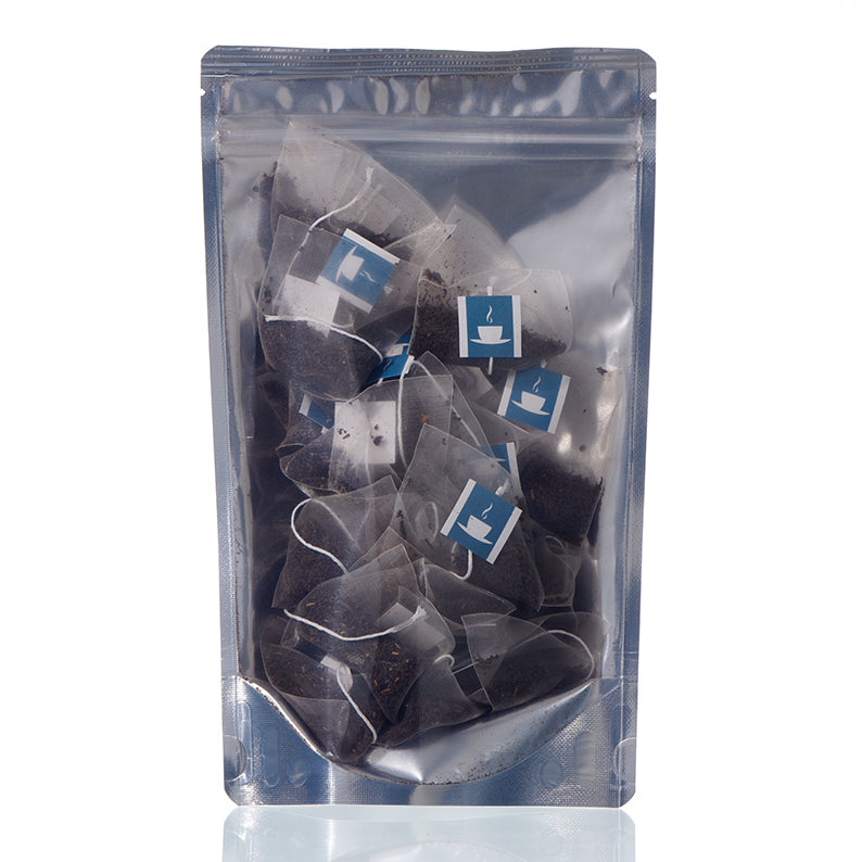 Clear reverse view of HEX Hero English Breakfast Teabags in silver packaging