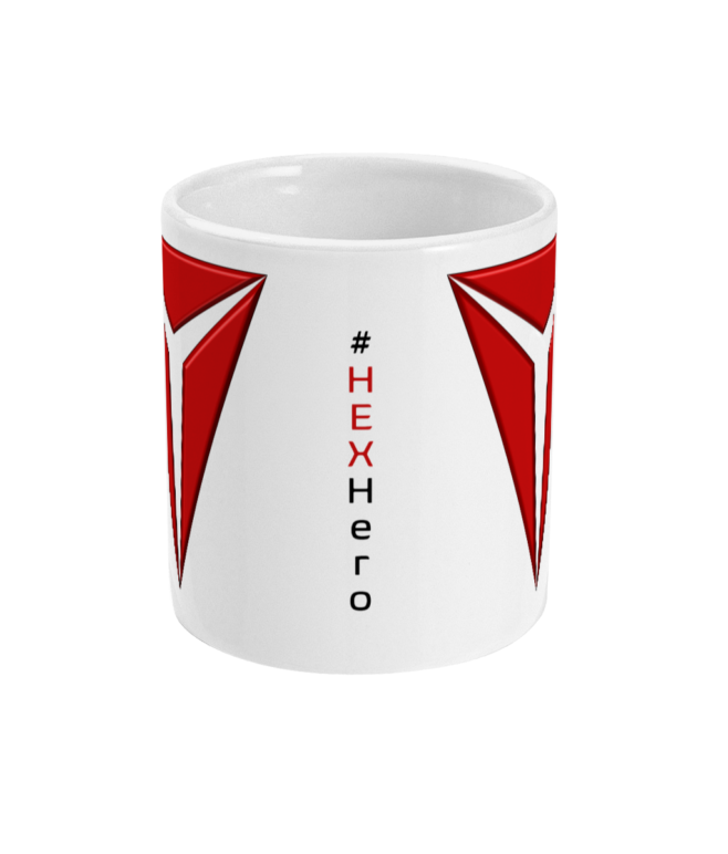 Front view of HEXHero mug with #HEXHero logo