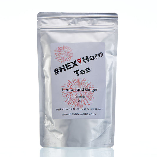 HEX Hero Lemon and Ginger Teabags in silver packaging