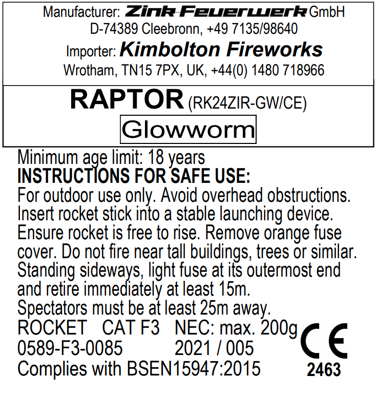 Raptor Display Quality Rocket by Kimbolton Fireworks Glow-worm label