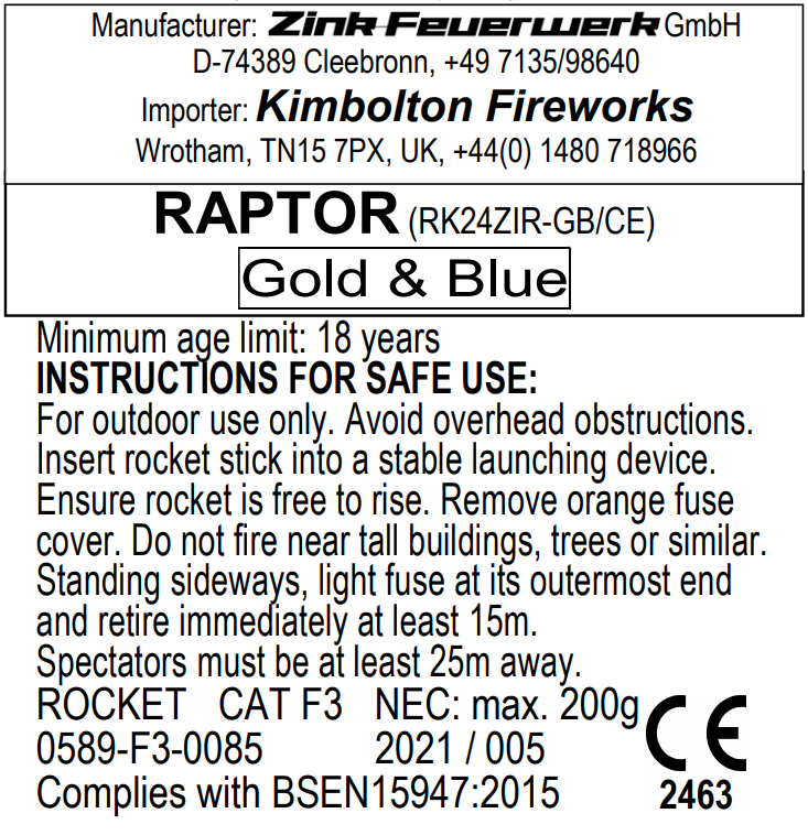 Raptor Display Quality Rocket by Kimbolton Fireworks Gold and Blue label