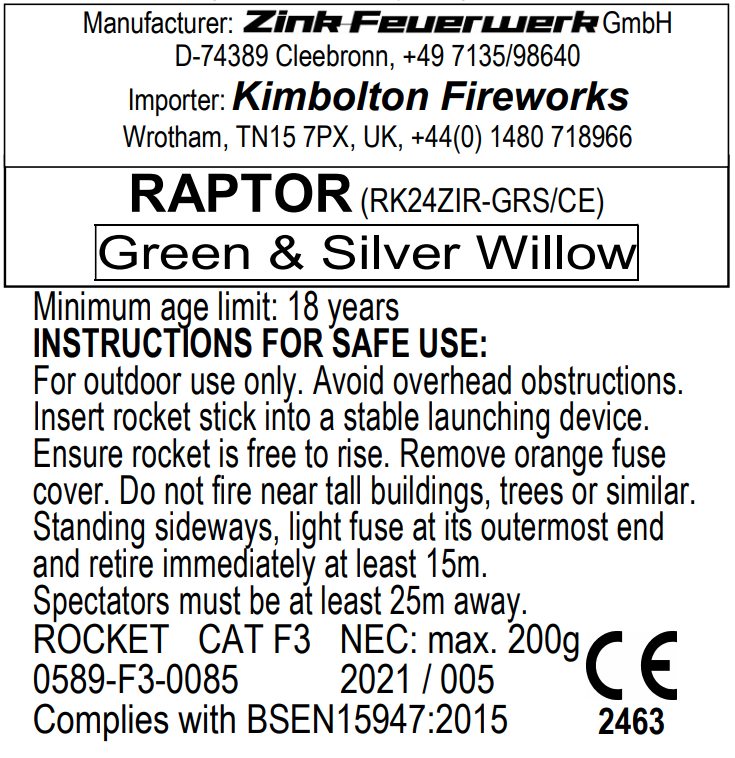 Raptor Display Quality Rocket by Kimbolton Fireworks Green and Silver Willow Label