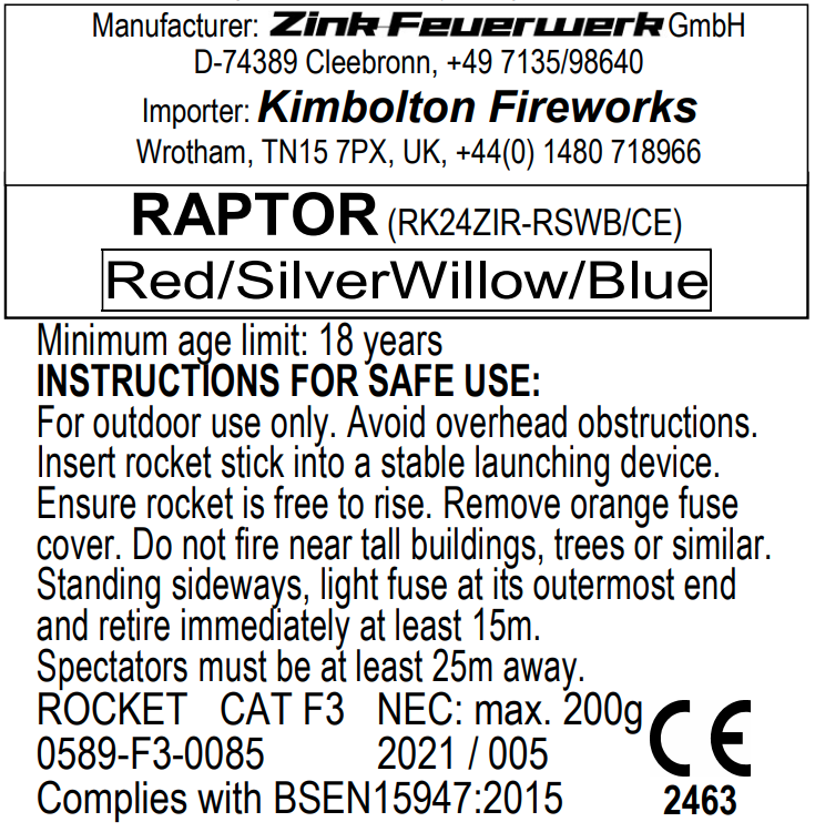 Raptor Display Quality Rocket by Kimbolton Fireworks Red Silver Willow and Blue Label