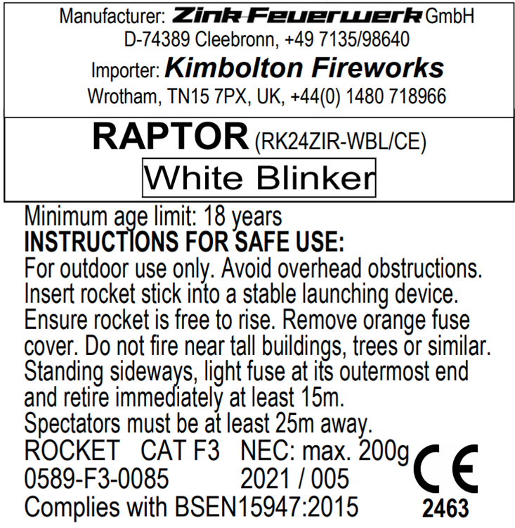 Raptor Display Quality Rocket by Kimbolton Fireworks White Blinker Label
